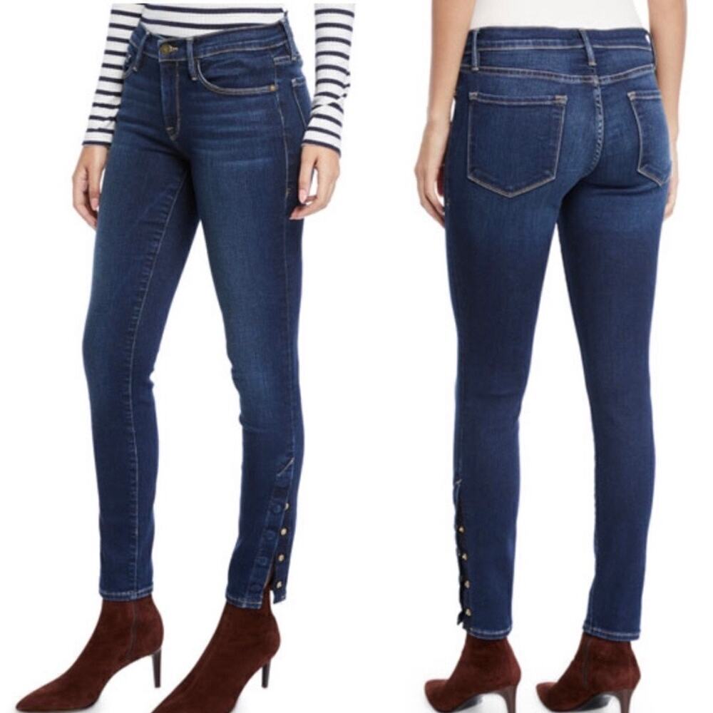 FRAME Jeans Blue Le Skinny de Jeanne Raw Hem Snap Ankle Dark Martha Denim 25